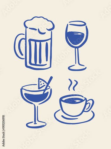 Beer wine cocktail coffee doodle line art vector illustration