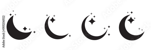 Moon and Stars Glyph Icon Collection, Black Crescent Silhouette Symbol Set Vector for Islamic, Magic, Astrology, Sleep and Night Sky App Design.