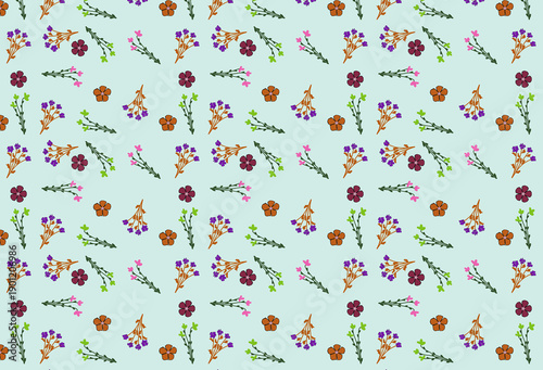 Botanical seamless pattern with wildflowers and tiny insects on mint background