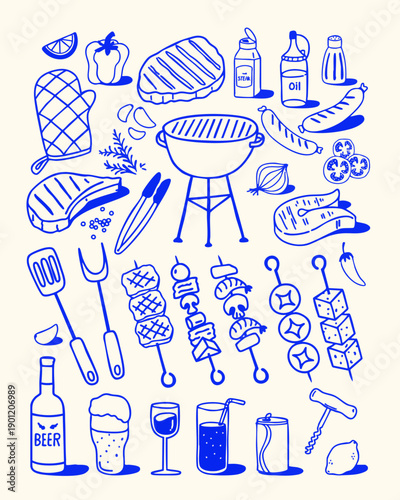 Hand-drawn BBQ and grilling vector illustration featuring grill, steaks, sausages, vegetables, sauces, tools, and drinks in a blue doodle style. Perfect for summer barbecue designs, food posters, and 
