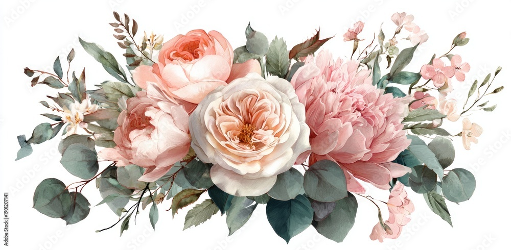 custom made wallpaper toronto digitalWatercolor floral arrangement with roses and peonies in soft pink, peach, and green hues