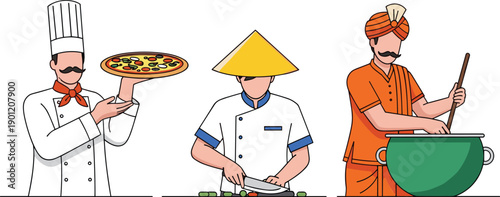 Collection of international chef illustrations preparing food, cultural cooking characters set for restaurant menu, culinary branding, and global cuisine design
