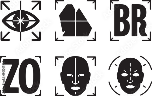 Computer vision vector icon set, scanning eyes, object recognition flat black silhouette