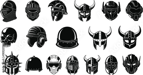 Collection of medieval and fantasy helmet silhouette illustrations, warrior armor headgear set for game design, heraldry, and historical artwork projects