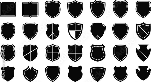 Collection of shield silhouette badge shapes, heraldic emblem set for logo design, security symbols, medieval crests, and branding elements