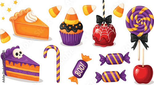 Spooky Halloween treats vector illustration set with pumpkin pie candy corn cupcakes candy apples and purple skull cake for festive holiday decor