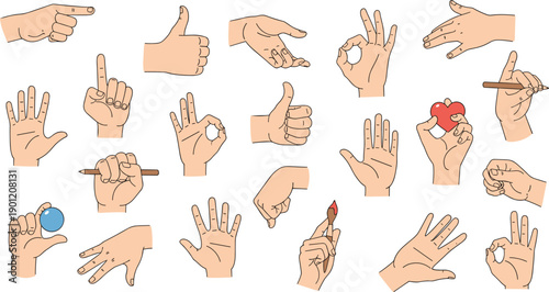 hand, gestures, collection, vector, illustration, set, human, communication, symbols, signs, fingers, poses, icons, isolated, white, background, design, education, language, concept