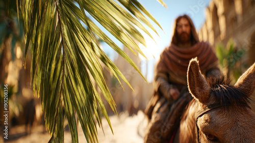 Palm Sunday. Jesus Christ rides a donkey into Jerusalem against a background of green palm leaves.