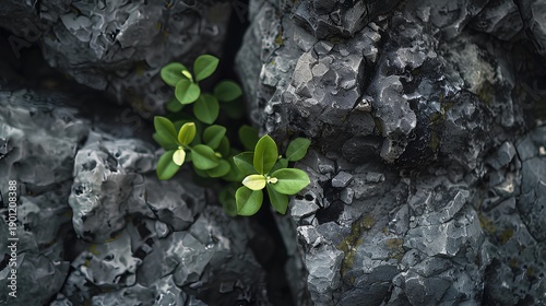 Resilience in Stone: Delicate green leaves find a foothold on a rough, gray stone, a powerful illustration of nature's tenacity.