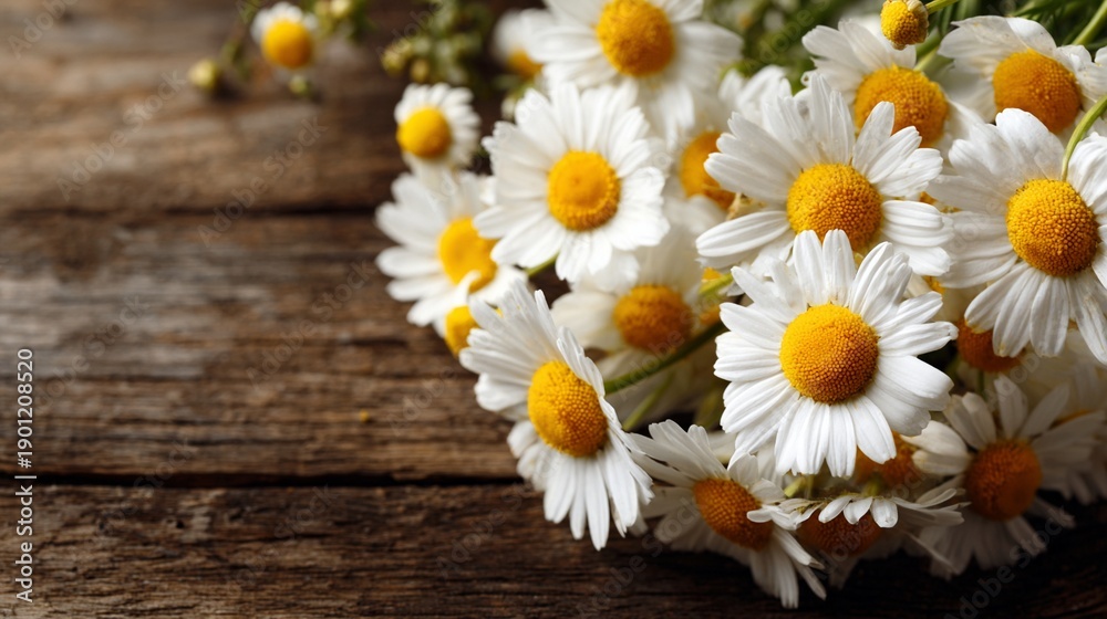 Obraz premium Delicate white chamomile flowers with bright yellow centers scattered on rustic weathered wooden surface, creating a soft and natural botanical composition