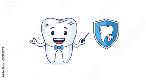 Shiny cartoon tooth character wearing a bow tie and pointing, standing beside a dental shield icon, symbolizing oral