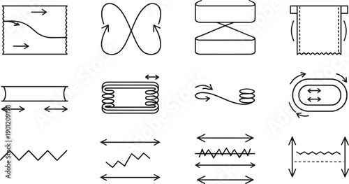 Fabric stretch and textile motion icon set with arrows waves folds elasticity and deformation symbols vector illustrations isolated
