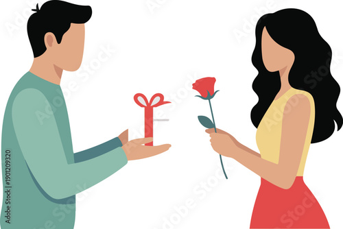 Valentine Gift Exchange Outline Illustration Romantic February 14 Celebration