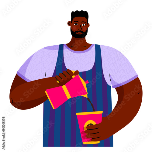 Male barista pours coffee from a mocha pot into a takeaway cup. Ideal for cafe menus, coffee shop branding, web graphics, posters, and coffee-themed designs. Flat modern style isolated on white.