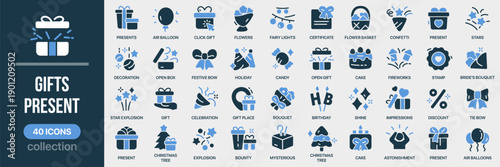 Gifts and present fill icon collection. Includes presents, flowers, balloons, cakes, celebrations, and festive elements. Created in colored style with blue palette