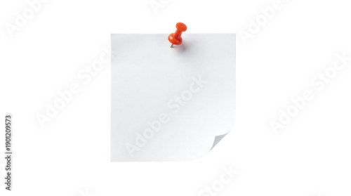 Photography Blank white note paper pinned with a red push pin and curled corner, isolated on