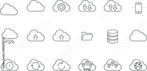 Cloud Computing Icons, Data Storage, Cloud Sync, Mobile Access, VPN Services, Global Cloud, Cloud Security, Upload Download, Connectivity