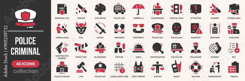 Police and criminal fill icon collection. Includes crime, investigation, weapons, law enforcement. Created in colored style with red palette