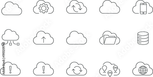 Cloud Computing Icons Set, Teal Line Art, Data Storage, Mobile Access, VPN Security, Synchronization, Global Connectivity, Cloud Services