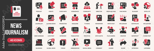 News and journalism fill icon set with reporter, interview, press, publication, media, blog, promotion, and breaking news symbols. Colored style