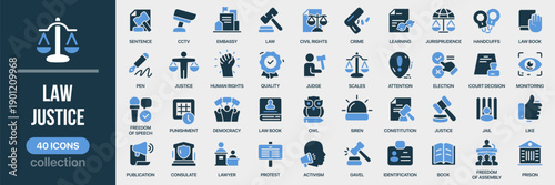 Law and justice fill icon collection. Includes courts, judges, rights, legal documents, democracy, and justice symbols. Created in colored style with blue palette