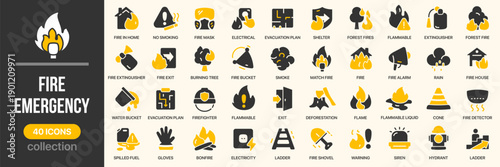 Fire and emergency fill icon collection. Includes fire safety, evacuation, alarms, firefighting equipment, and hazard symbols. Created in colored style with yellow palette