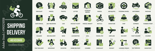 Shipping and delivery fill icon set with parcels, courier, transport, tracking, mailbox, and express services. Created in colored style