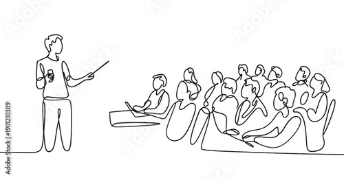 A continuous line drawing depicts a speaker presenting to an attentive audience