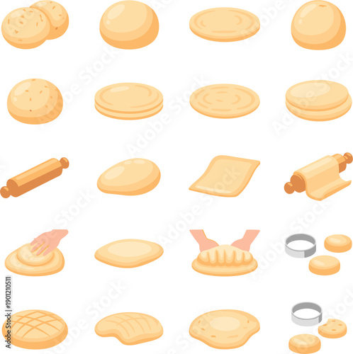 Vector illustrations of bread dough preparation featuring kneading rolling and cutting for baking and pastry concepts।