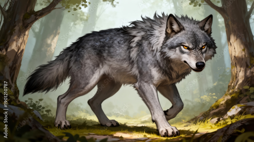 Fototapeta premium Gray Wolf Standing in Lush Forest Clearing, Yellow Eyes Gleaming, Symbolizing Wild Freedom and Untamed Nature