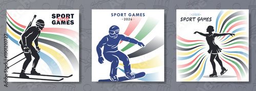 Set of posters for the 2026 sport games championship in Italy with silhouettes of alpine skiing, figure skating, snowboarding against color stripes or colorful wavy rainbow on white background