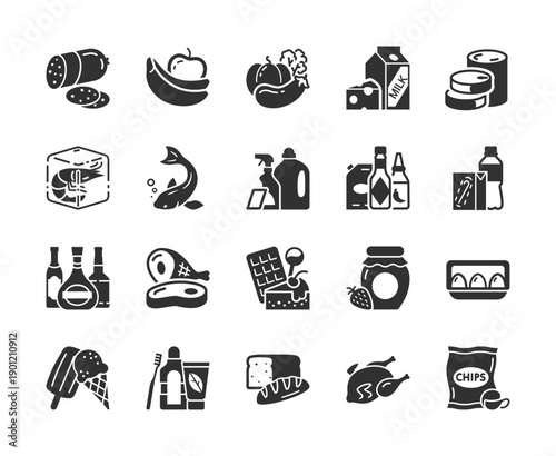 Grocery products and retail food, monochrome icons set. Supermarket assortment, packaged food items, beverage and snack goods, daily shopping, consumer food supply. Black and white symbols style