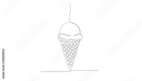 Vector continuous line drawing of a single scoop ice cream cone, minimalist illustration for food or dessert design, Isolated on transparent background, png