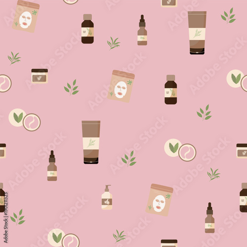 Seamless pattern with cosmetic products. Cosmetics with nature plants. Pink background for cosmetics design and packaging.