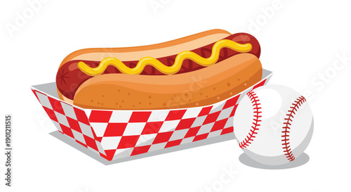 Delicious hot dog with mustard served in a checkered paper tray next to a classic white baseball, perfect for sports