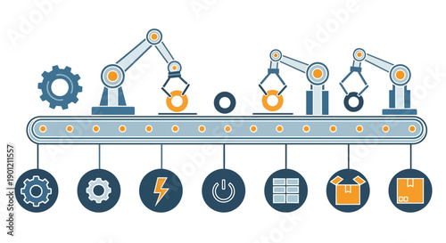 Robotic arms assemble industrial parts on a production line with gear wheels.