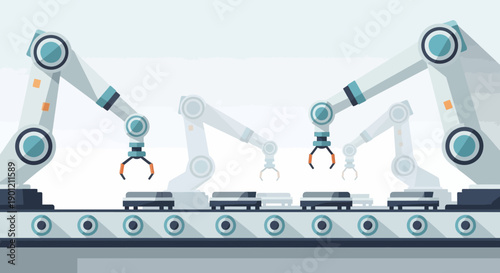 Robotic arms assemble products on a factory production line efficiently