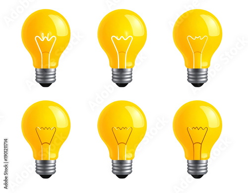  Set of Yellow Light Bulb Emoji Icons, Idea and Inspiration Symbols Isolated.