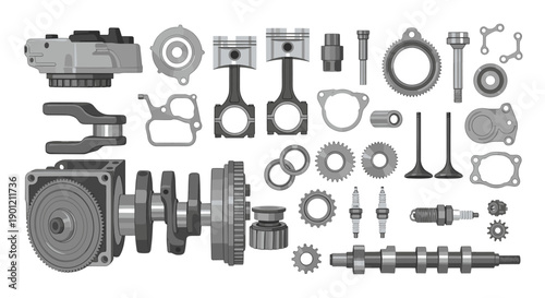 Assortment of disassembled engine parts including pistons, gears, valves, and bolts, laid out for maintenance or repair