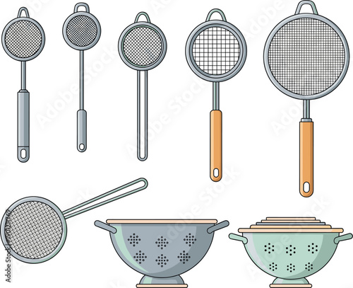 Vector line icons of kitchen strainers colanders and mesh sieves for cooking and food preparation concepts