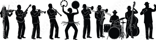 Jazz band musicians performing together with instruments, energetic live music scene, black and white silhouette vector illustration for concert and festival design