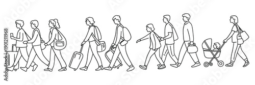 A linear sketch depicting a diverse group of people walking in a row