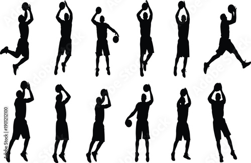 Black silhouette vector illustration of basketball players in various action poses including dribbling, shooting, and jumping for sports, training, and athletic concepts