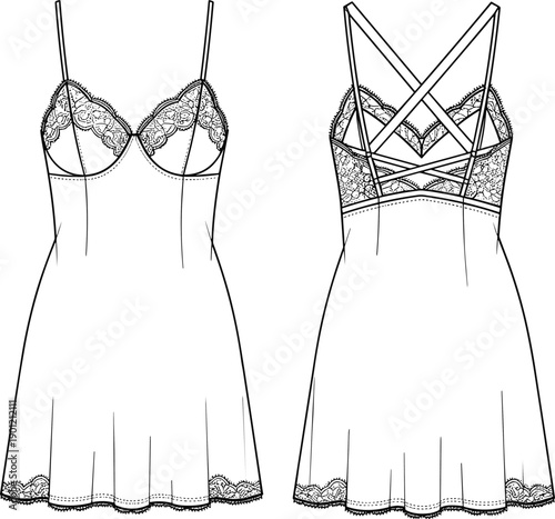 Lace slip dress, technical cad drawing flat vector illustration with front back views for lingerie fashion design tech pack template.
