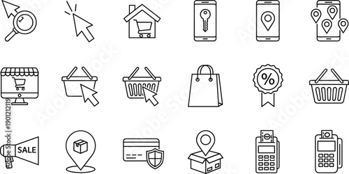 Ecommerce icons, black and white vector, online shopping symbols, secure payment, delivery tracking, mobile access, minimal design, digital commerce illustration