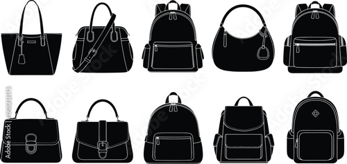 Large Collection of Black Fashion Bag and Backpack Silhouettes Including Tote Shoulder Crossbody and Travel Backpack Vector Illustration Isolated on White Background for Design