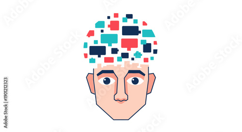 Digital Communication Mind Concept. Human head filled with colorful chat bubbles symbolizing ideas, social media, mental health, and information overload.