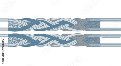 Braided Cable or Rope Illustration: Technical Woven Pattern, Shielding Structure, Connectivity, and Intertwined Design Element in Blue and Gray