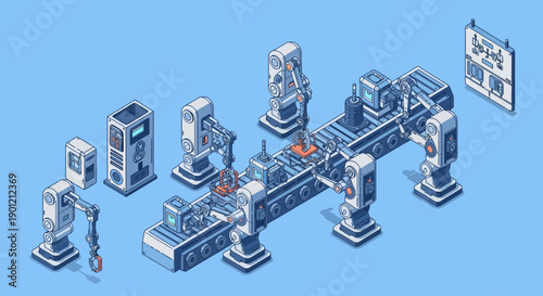 Robots assemble machinery on industrial production line in factory setting