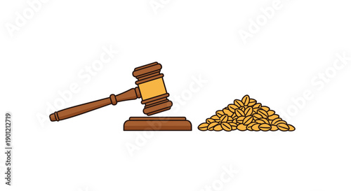 Wooden judge's gavel resting beside a golden pile of grains, symbolizing agricultural law and commodity markets.